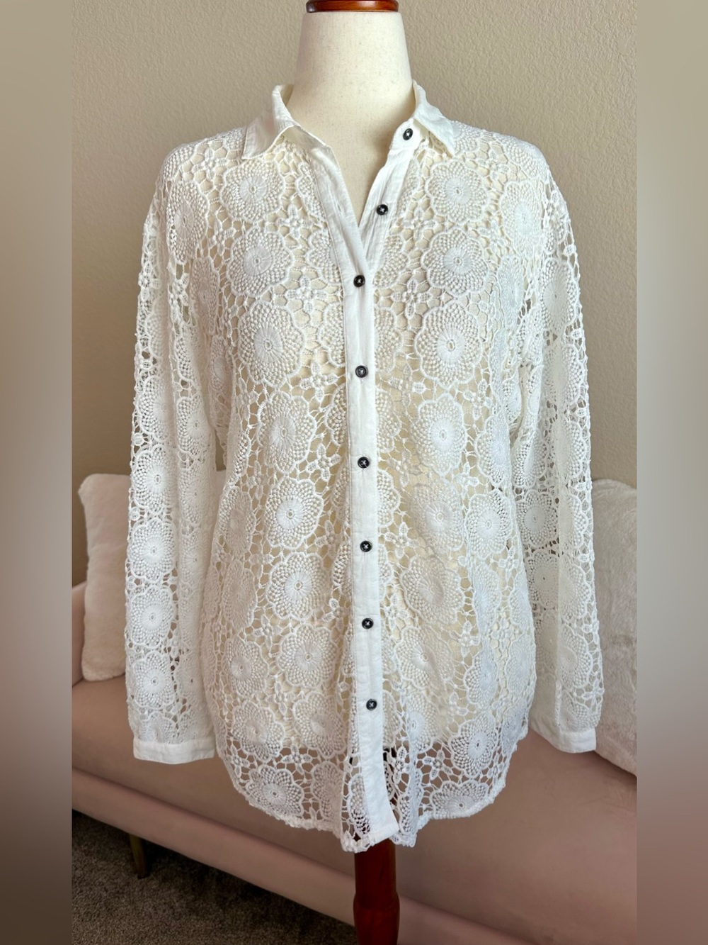 Ramy Brook Top LS Button Up Sheer Embroidered Ivory Lace Size S Luxury Romantic